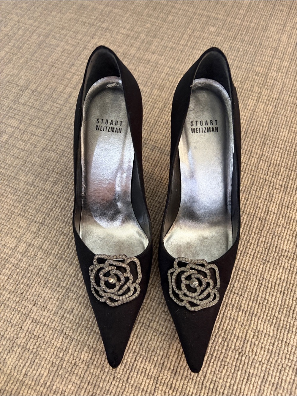 Stuart Weitzman Black Pointed Toe Pumps with Crystal Floral Accent